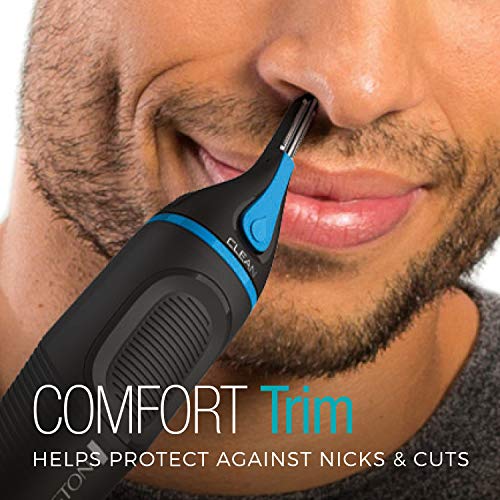 Rotary trimmer attachment provides precise detail around brows and ears.