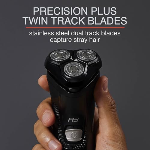 Remington PrecisionPlus rotary head close-up highlighting pivot-flex design for neck comfort.