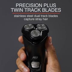 Remington PrecisionPlus rotary head close-up highlighting pivot-flex design for neck comfort.