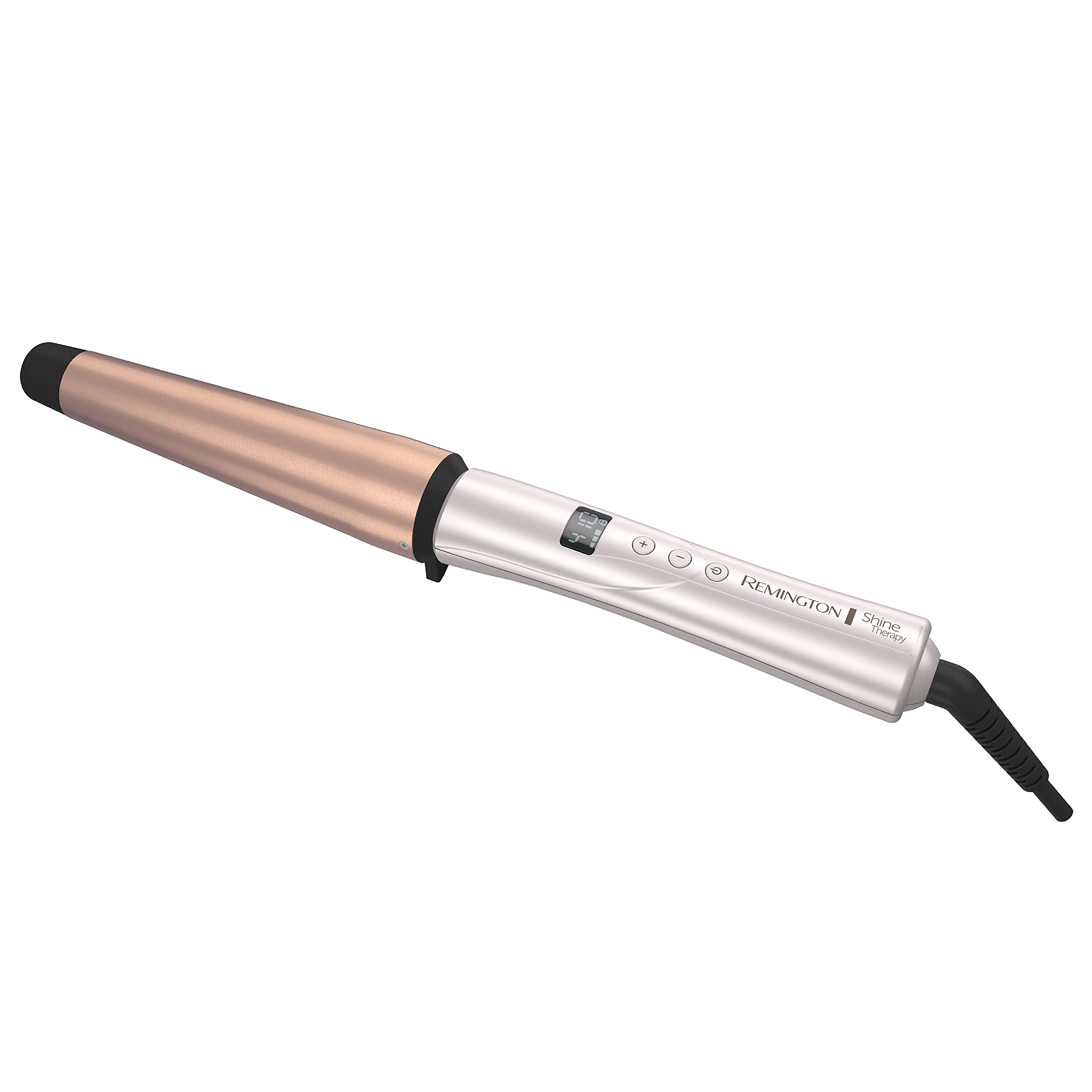 Remington Shine Therapy argan-keratin barrel close-up showing even heat and radiant shine.