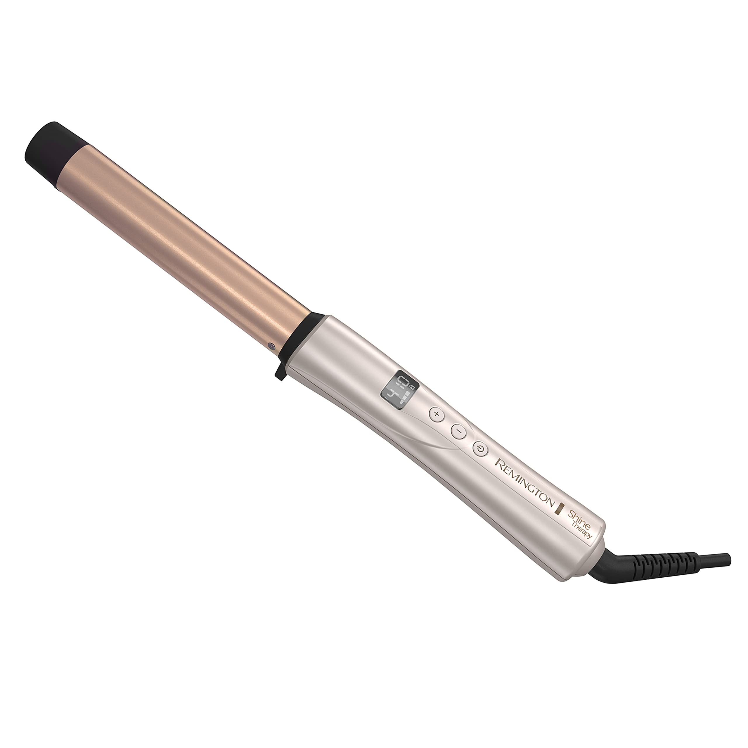 Remington Shine Therapy wand close-up shows argan oil keratin infusion for smooth shine.