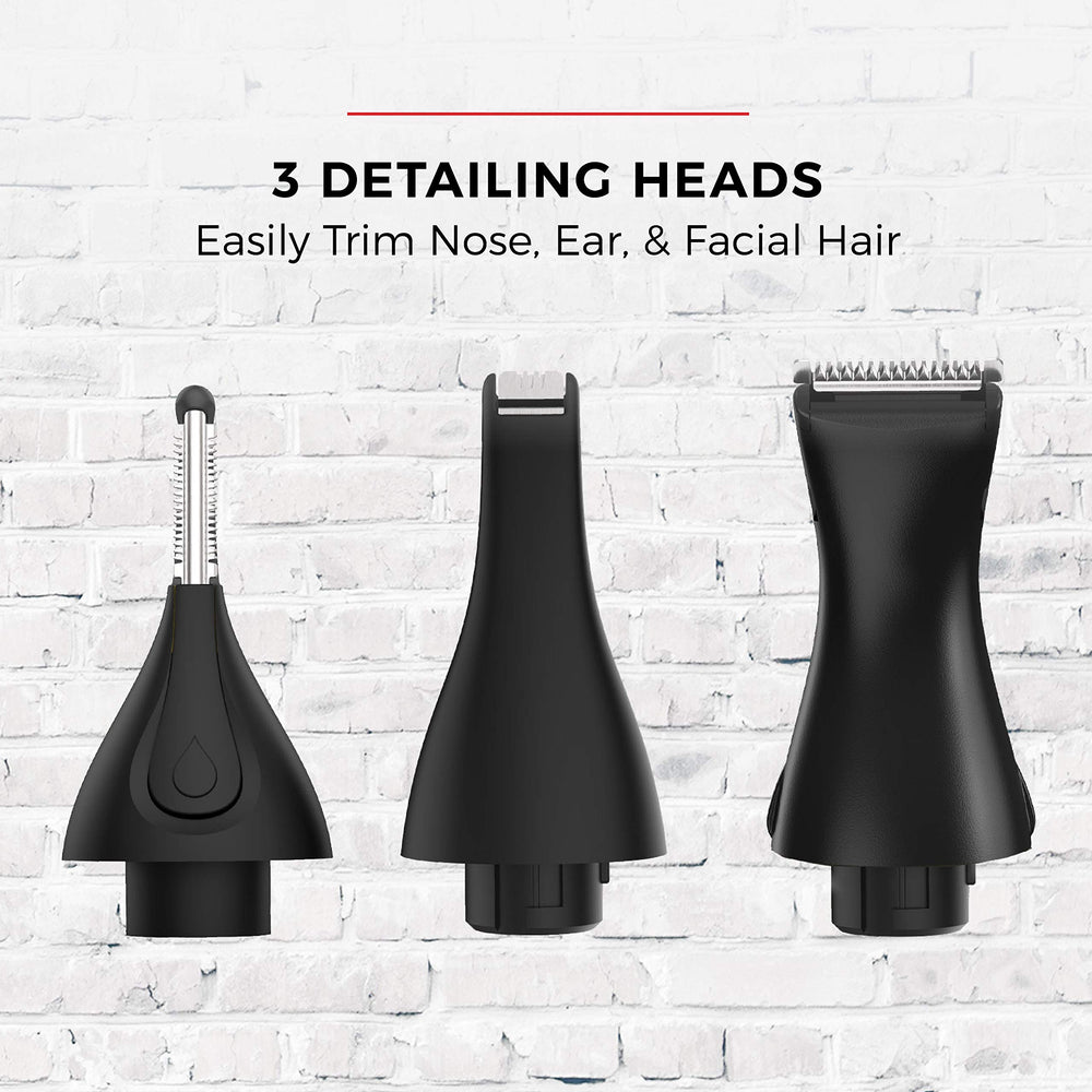 Remington trimmer with 5-length comb for versatile length control.
