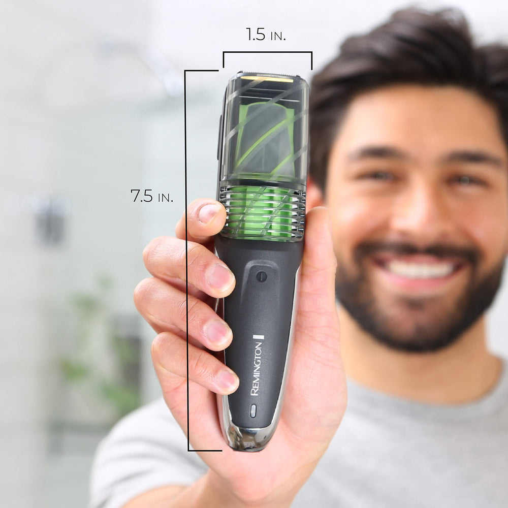 Remington vacuum beard trimmer ergonomic compact design for handling.