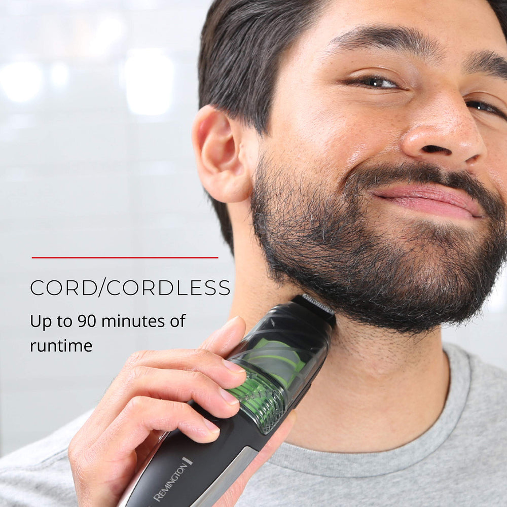 Remington vacuum beard trimmer washable blades for easy cleaning.