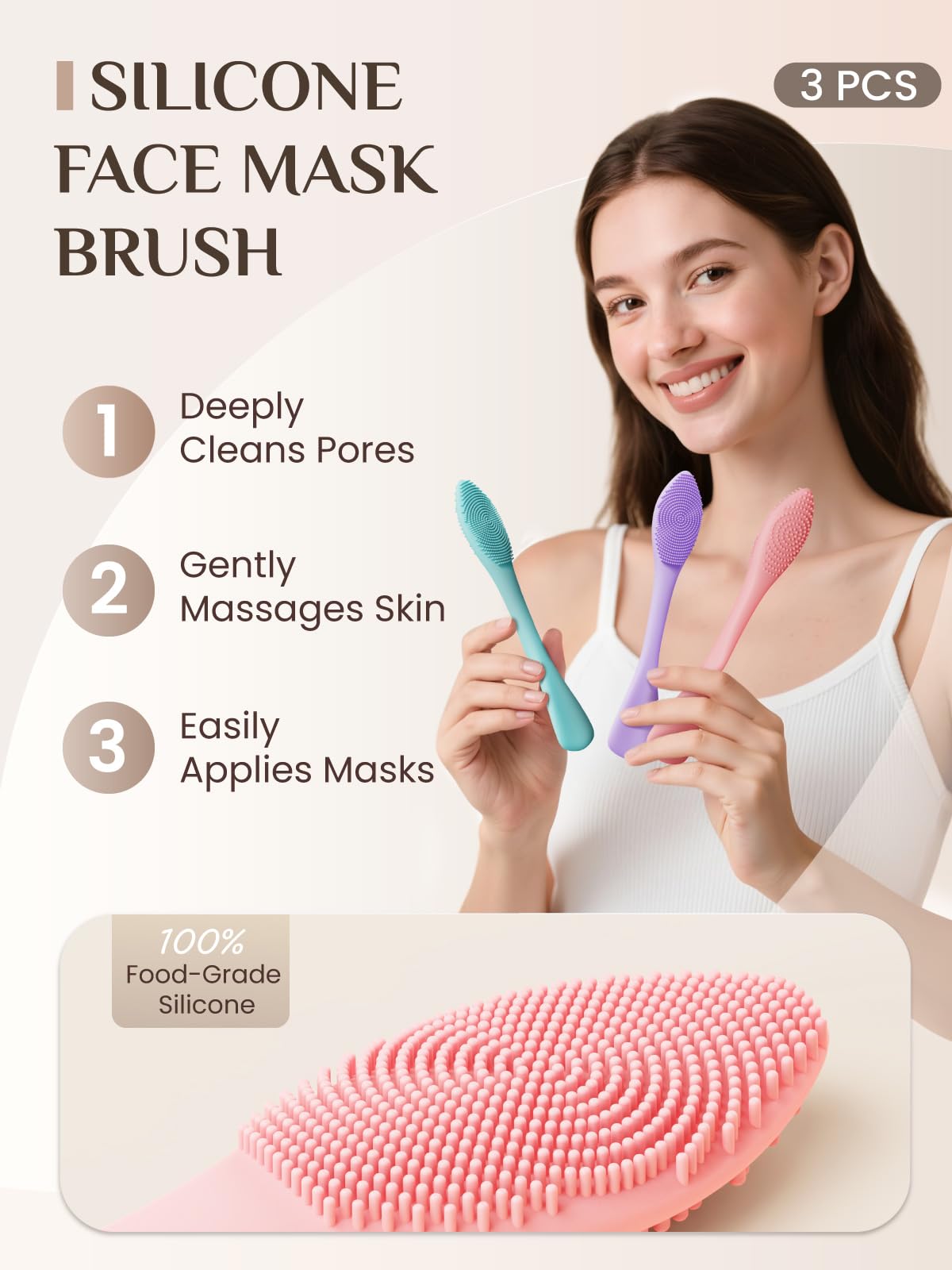 Rena Chris dual-sided brush head exfoliates and gently cleanses pores.