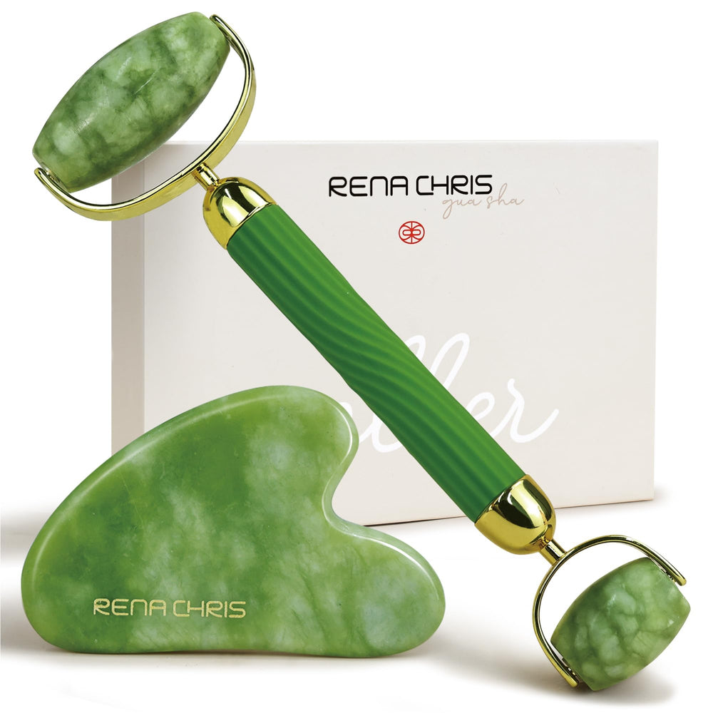 Rena Chris jade roller and gua sha set in green for at-home facial massage.