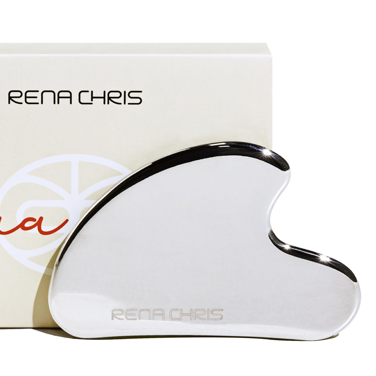 Rena Chris gua sha stainless steel facial tool for massage and puffiness reduction.