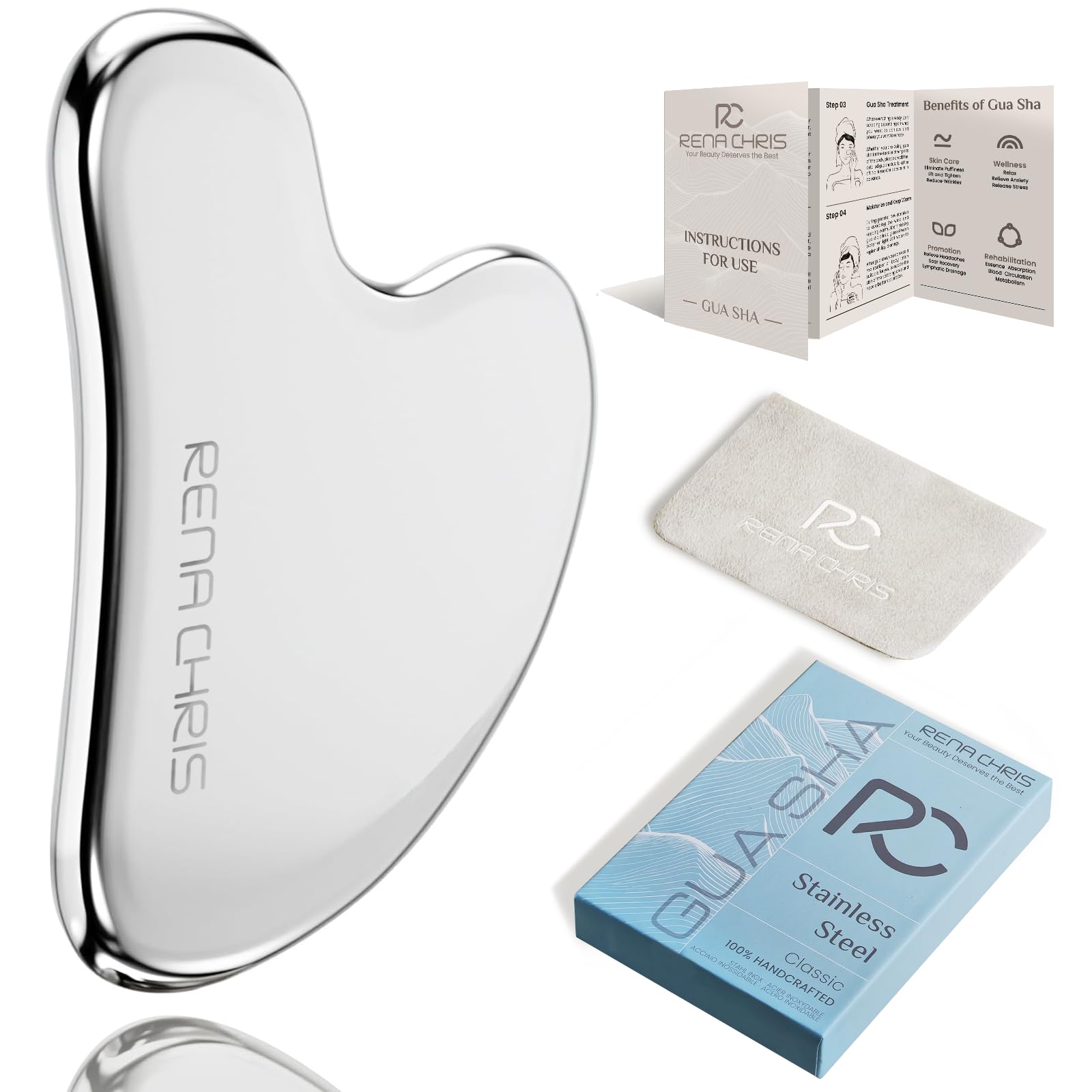 Rena Chris Gua Sha tool in silver, front view for soothing facial massage
