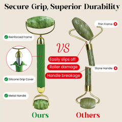 Rena Chris jade gua sha tool in green demonstrating smooth surface.