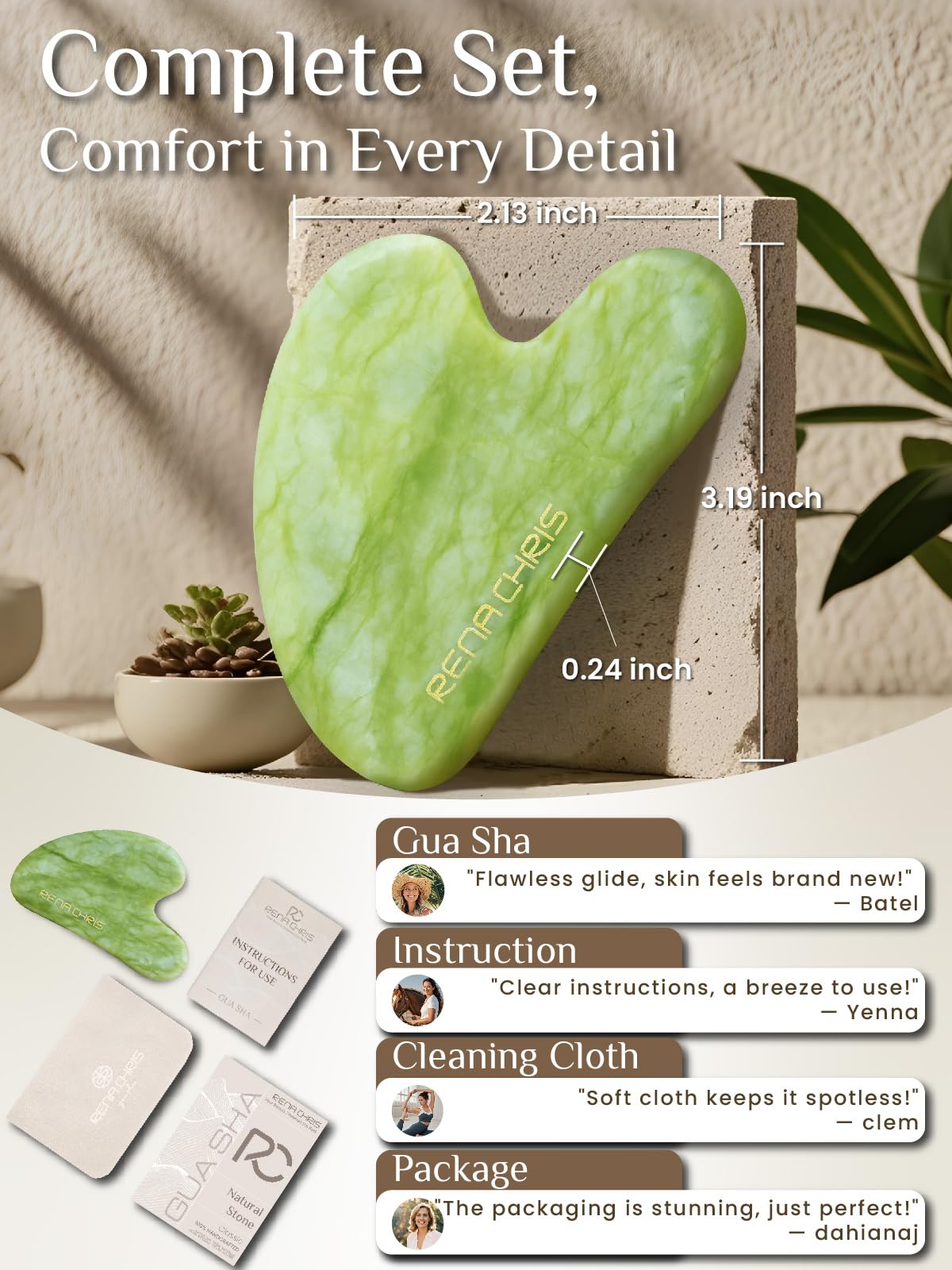 Rena Chris Jade stone gua sha close-up shows natural warmth.