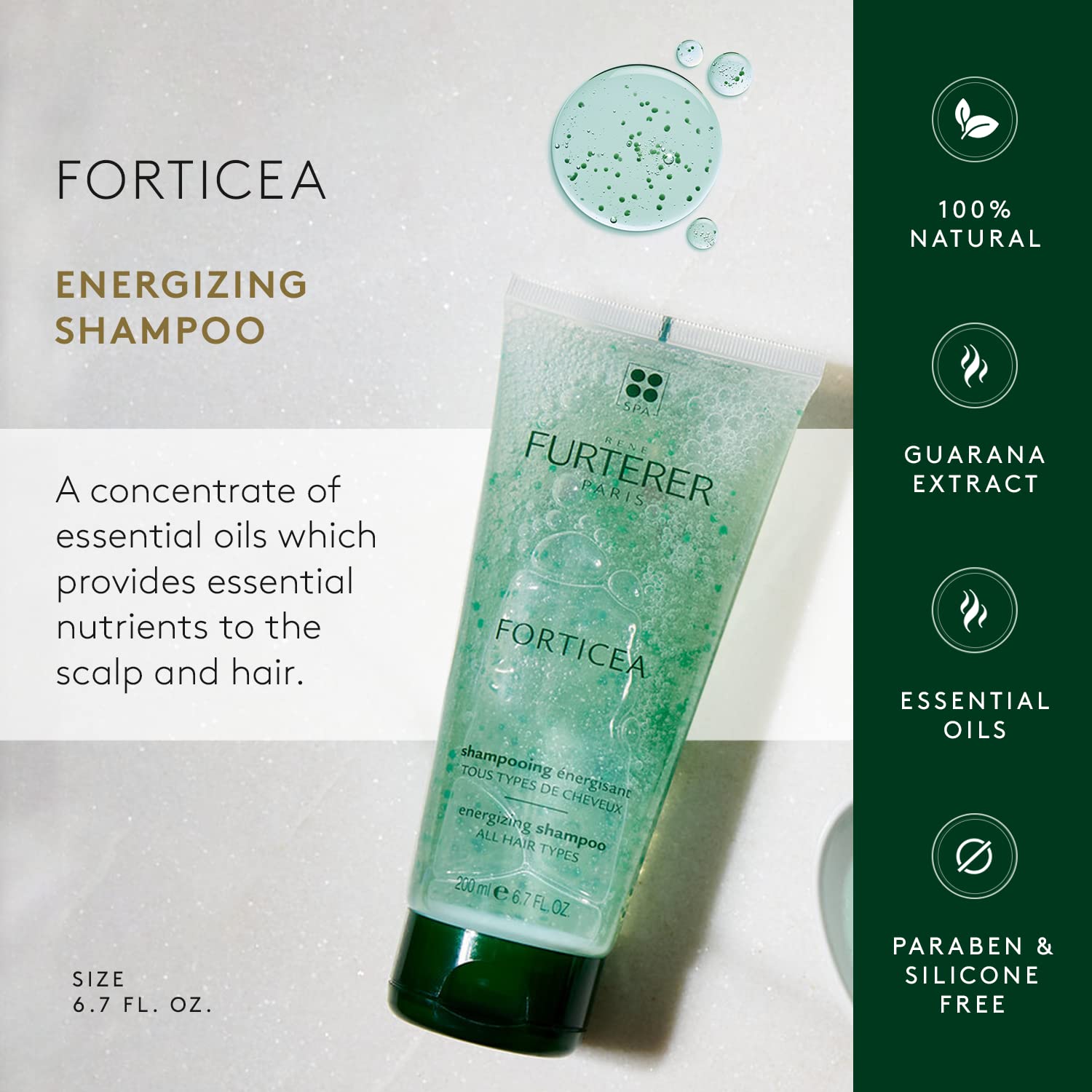 Rene Furterer Forticea shampoo lather shown for gentle cleansing.