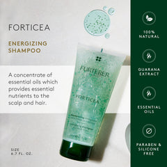 Rene Furterer Forticea shampoo lather shown for gentle cleansing.