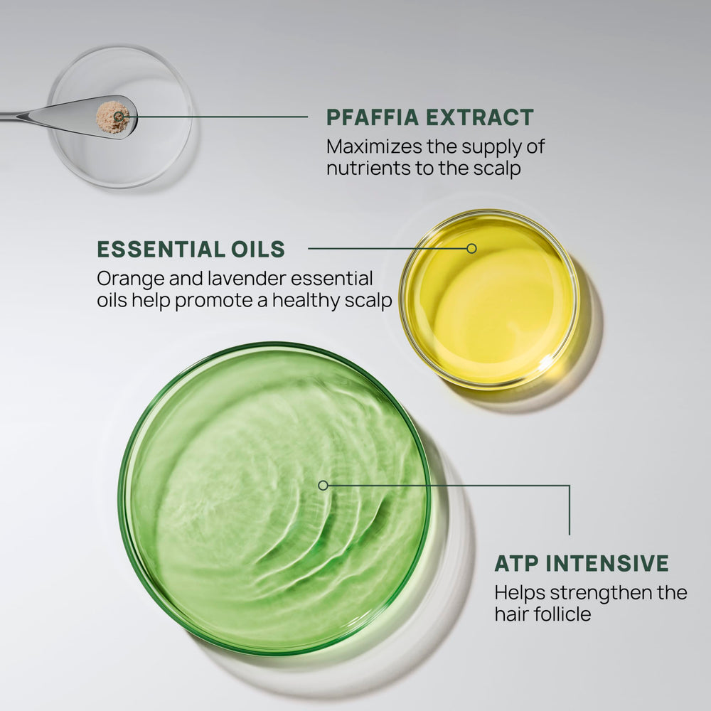 Hands massaging René Furterer Triphasic Serum into a damp scalp