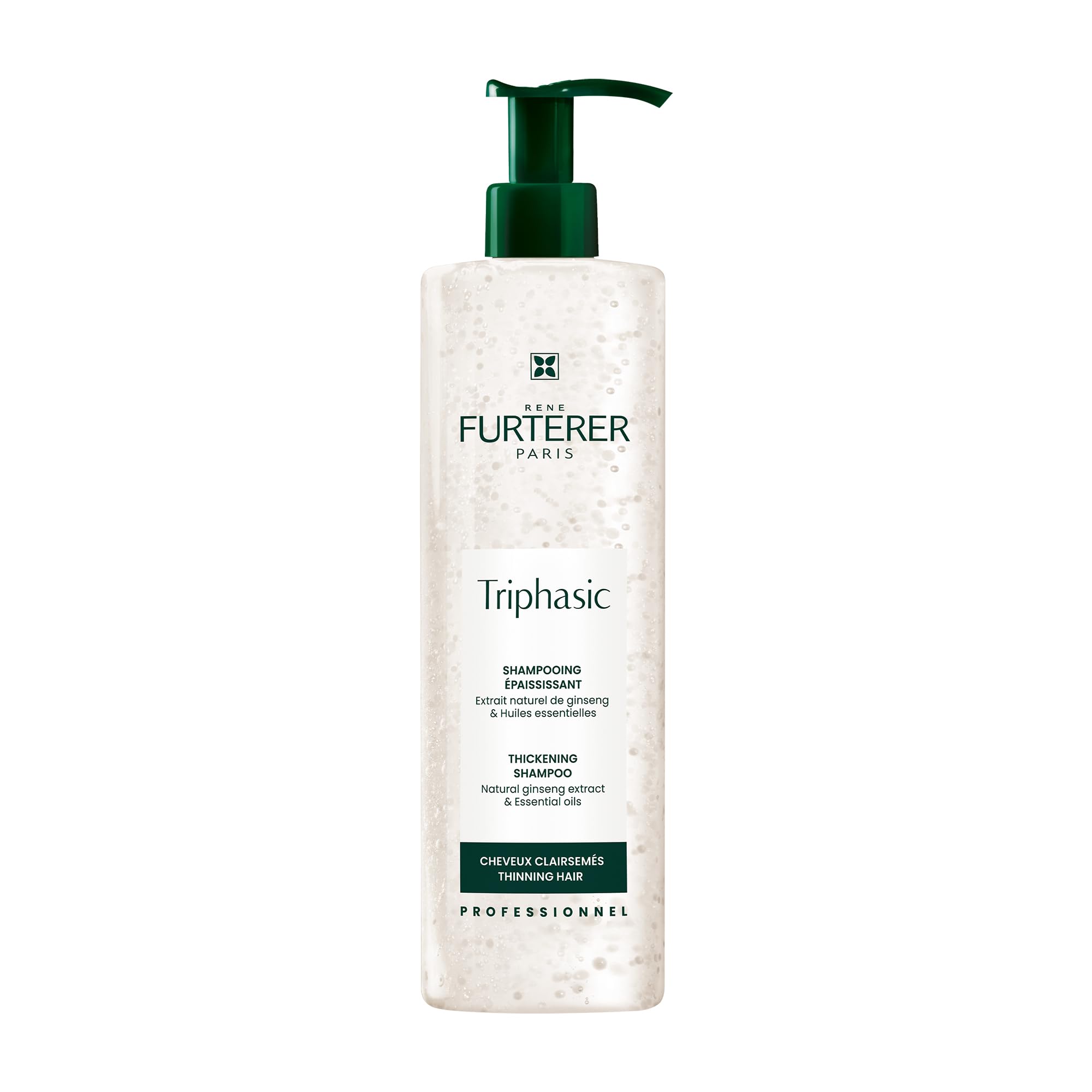Rene Furterer Triphasic Thickening Shampoo bottle highlighting hair strength and resilience