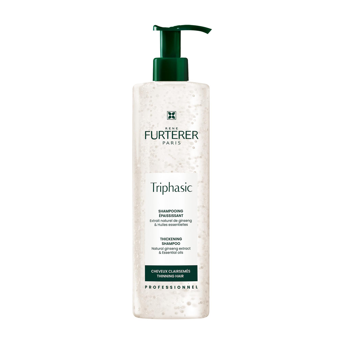 Rene Furterer Triphasic Thickening Shampoo bottle highlighting hair strength and resilience