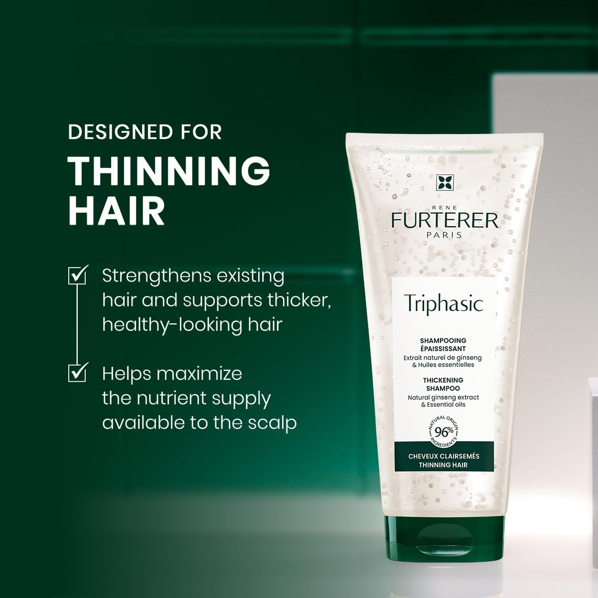 Rene Furterer Triphasic Thickening Shampoo lather showing cleansing action for thinning hair