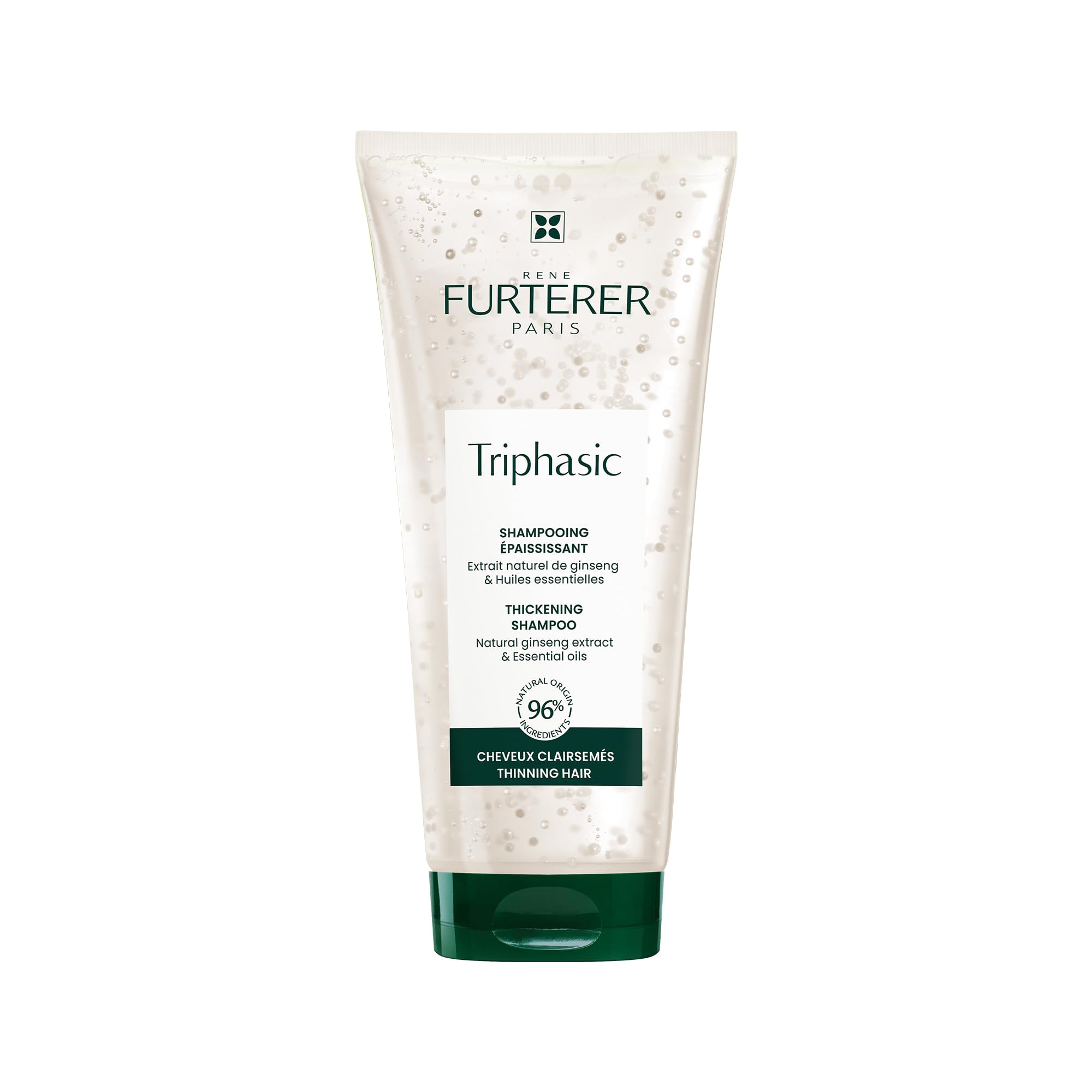 Rene Furterer Triphasic thickening shampoo bottle highlights scalp-stimulating formula