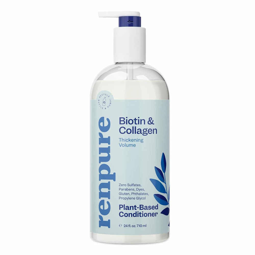 Renpure biotina y colágeno, botella con dispensador para uso diario y volumen.
