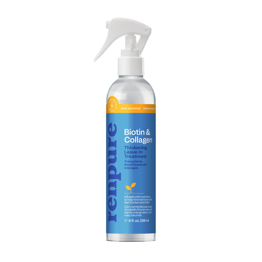 Renpure Biotina y Colágeno, botella para aplicación diaria en cabello húmedo.