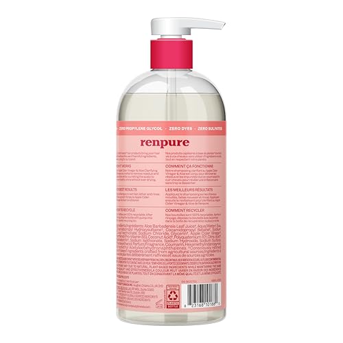 Renpure champú manzana vinagre aloe, enfoque en residuos visibles, limpieza efectiva.