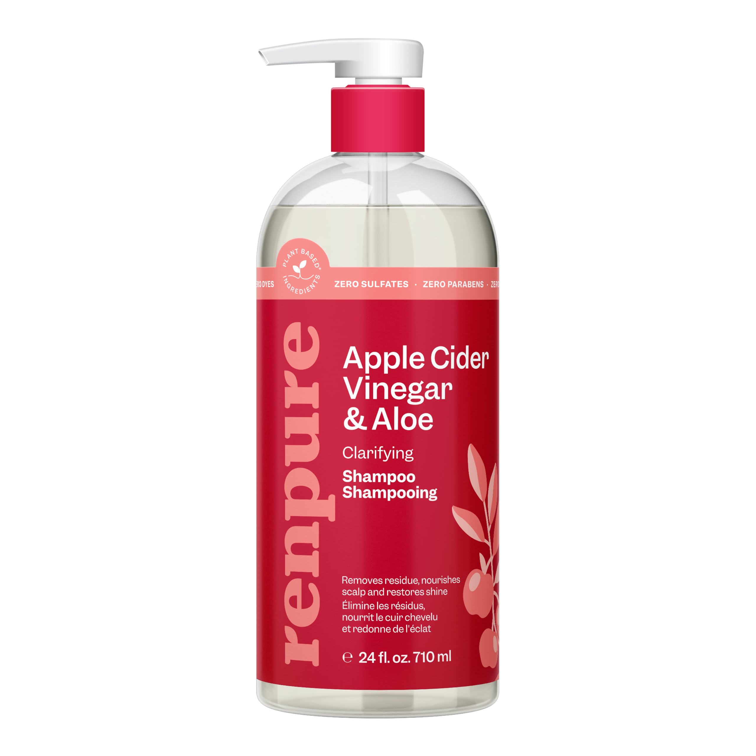Renpure champú manzana vinagre aloe, botella visible, brillo natural y suavidad.