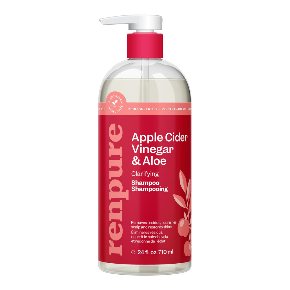 Renpure champú manzana vinagre aloe, botella visible, brillo natural y suavidad.