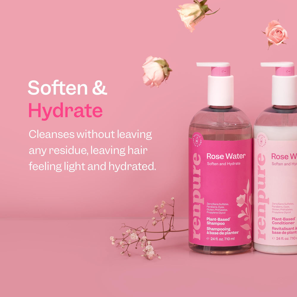 Renpure Champú Rosa Agua: primer plano de rosa y agua con aroma suave
