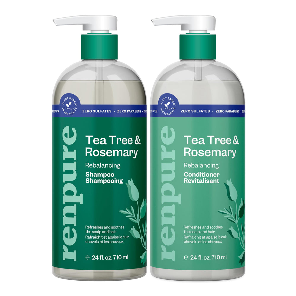 Renpure champú Tea Tree & Rosemary en botella: purifica el cuero cabelludo y refresca.