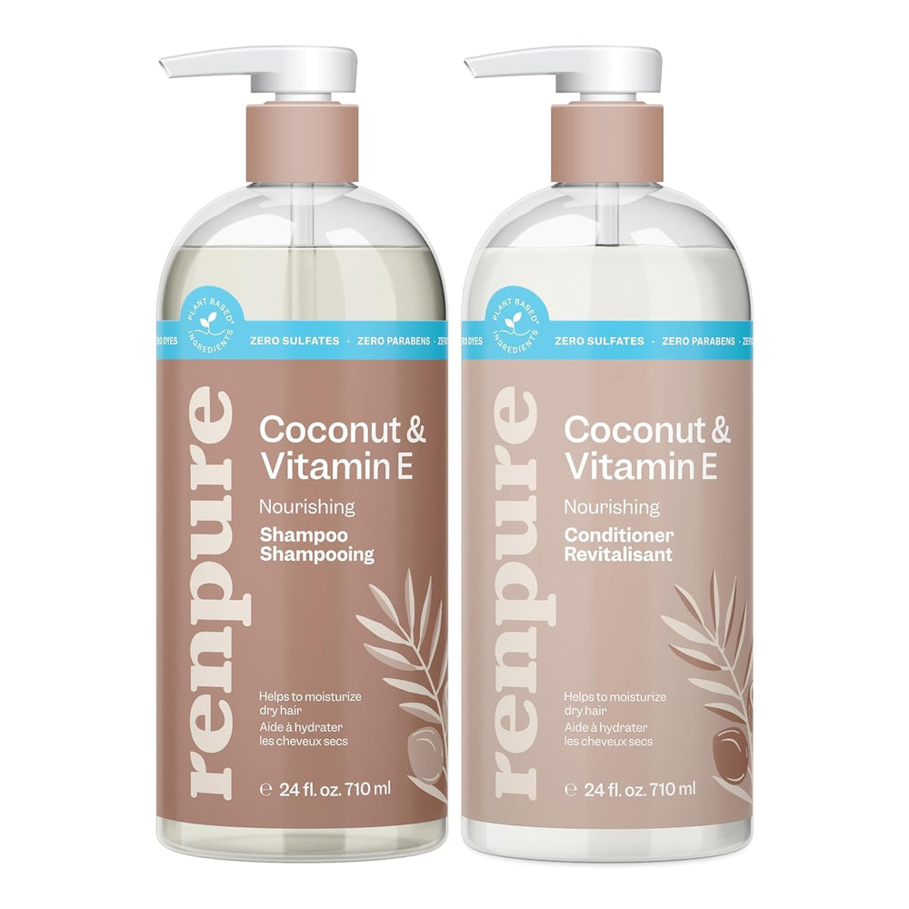 Renpure Coco y Vitamina E, frente de la botella, cuidado suave para cabello seco.