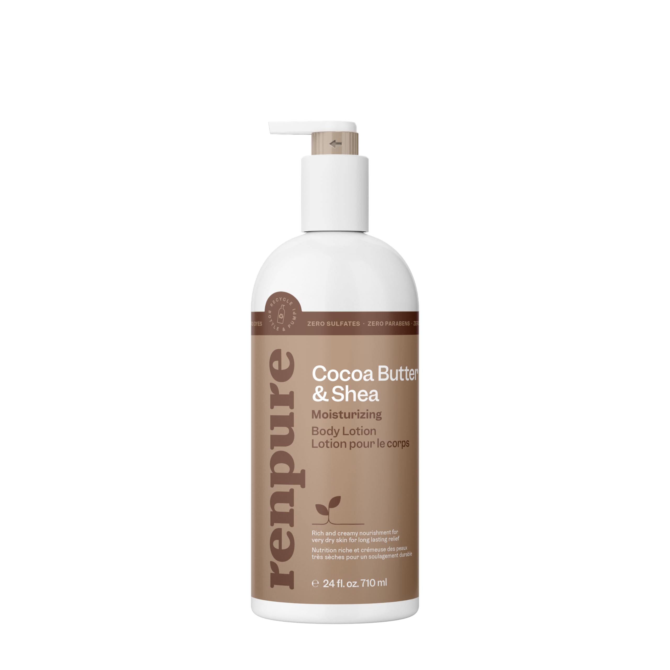 Renpure crema corporal cacao-shea en botella, ofrece hidratación rica para piel seca.