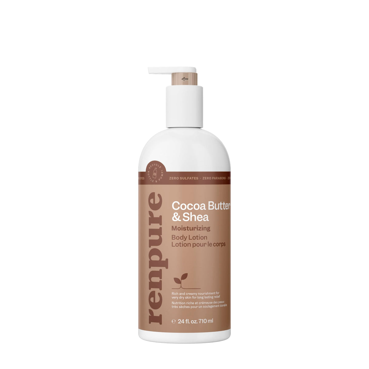 Renpure crema corporal cacao-shea en botella, ofrece hidratación rica para piel seca.