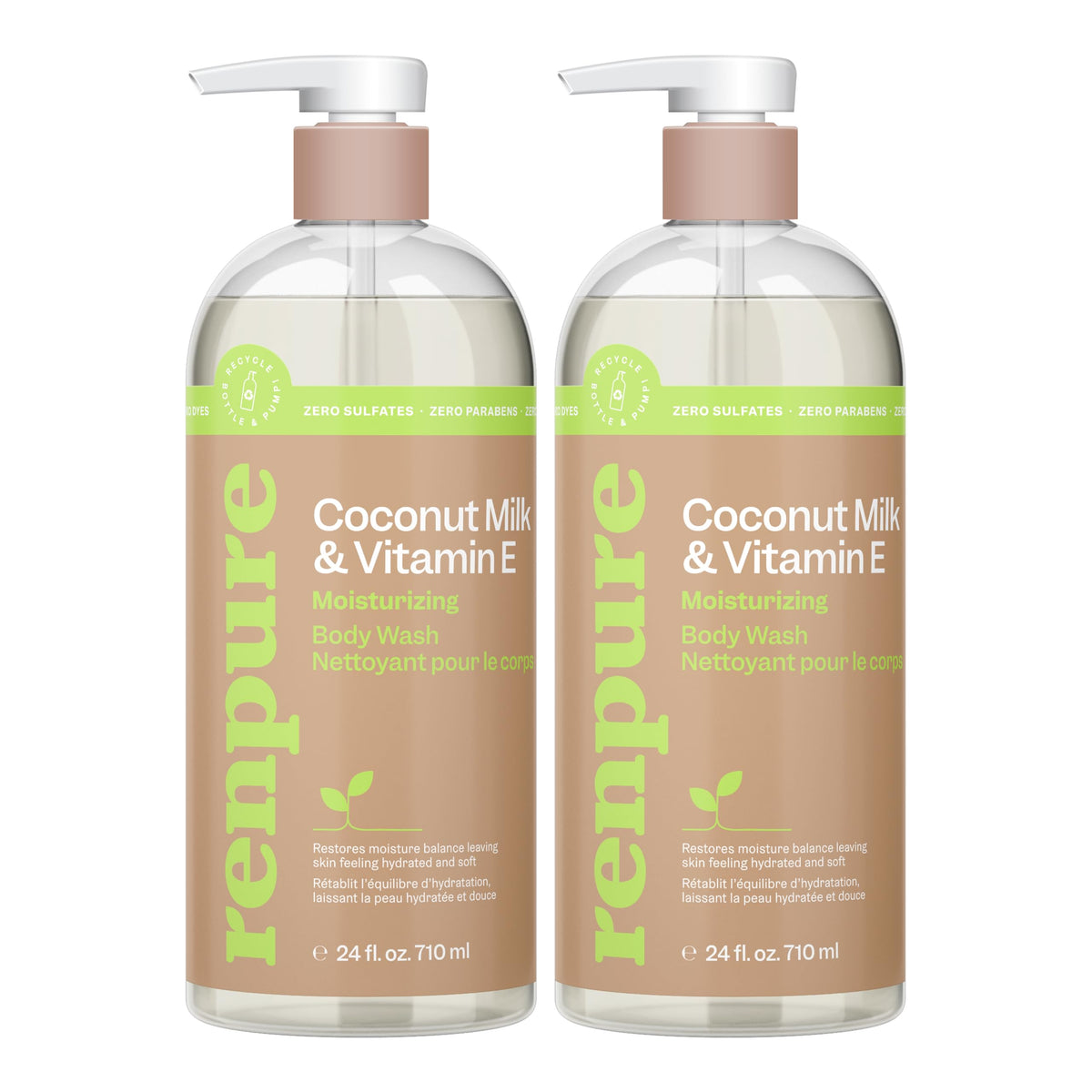 Renpure Leche de Coco y Vitamina E en botella, hidratación profunda para la piel.