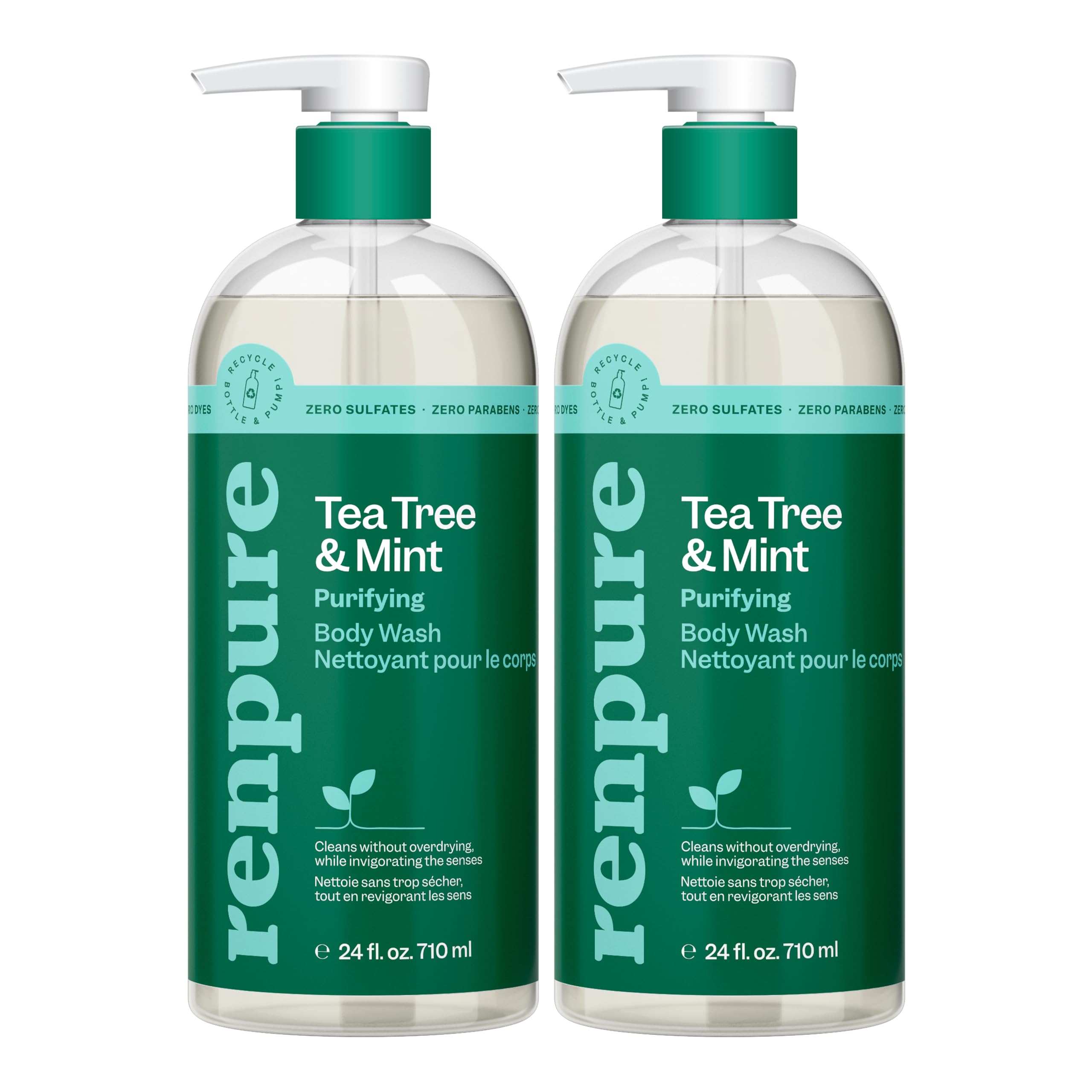 Renpure Tea Tree & Mint Body Wash bottle front shows invigoration and cleansing benefits