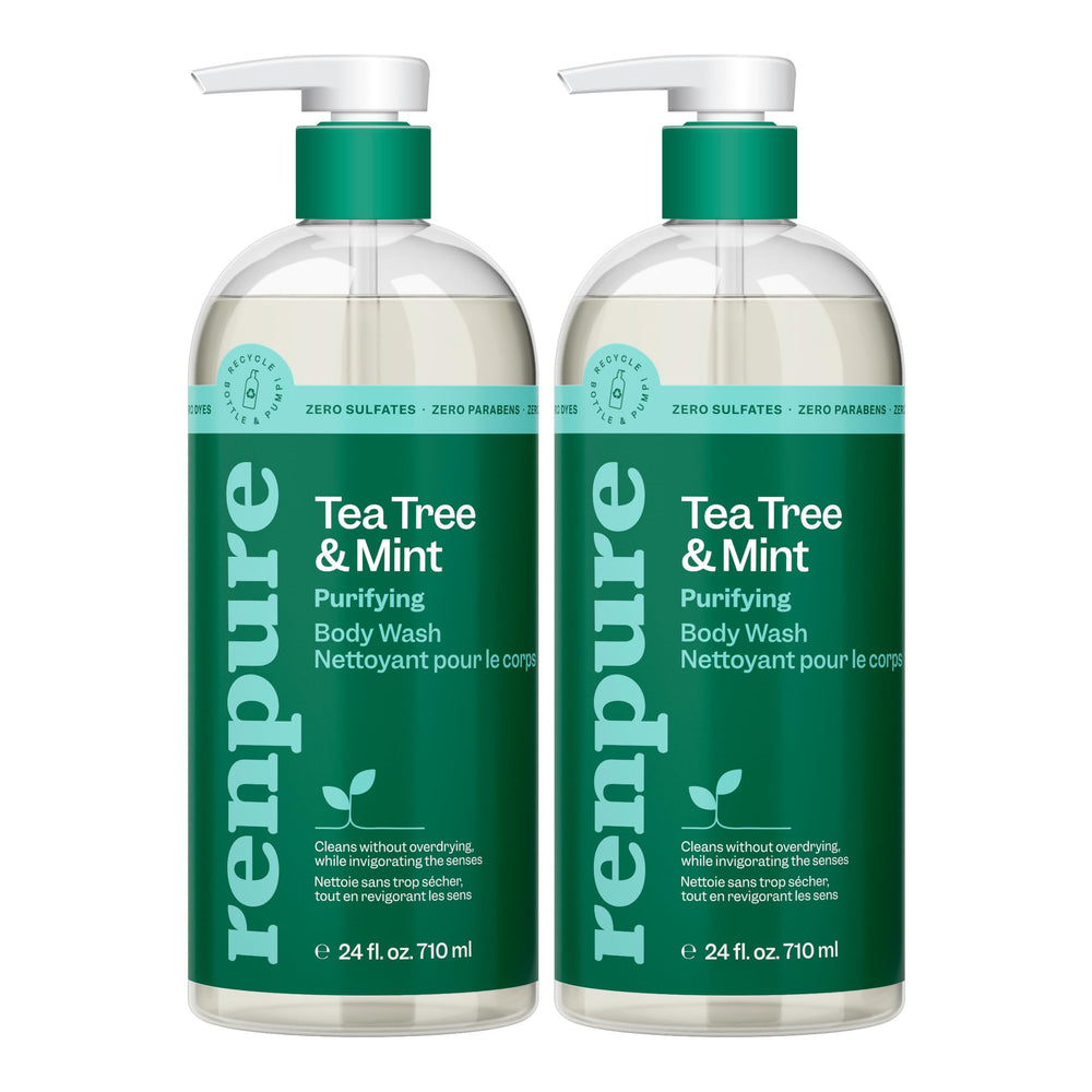 Renpure Tea Tree & Mint Body Wash bottle front shows invigoration and cleansing benefits