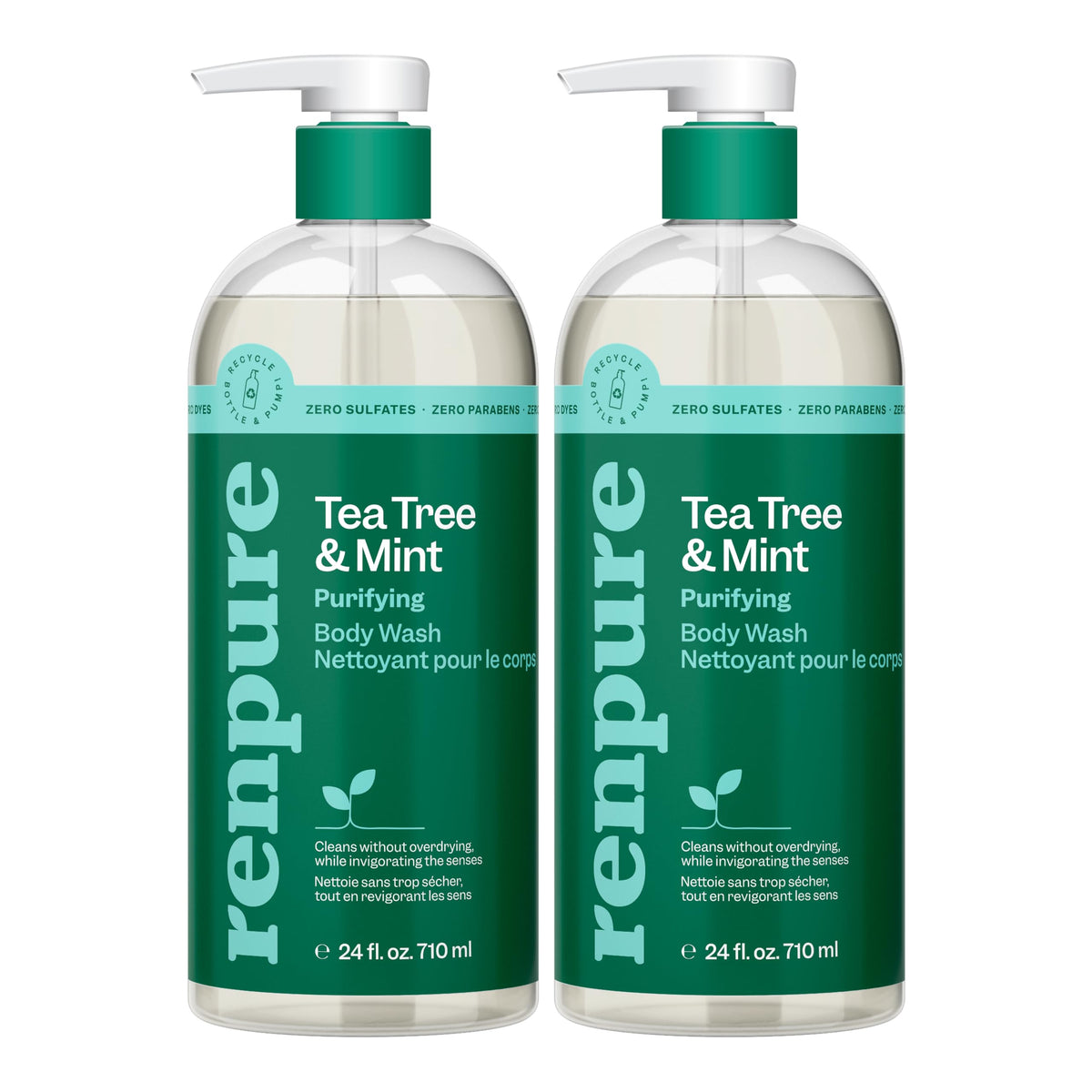 Renpure Tea Tree & Mint Body Wash bottle front shows invigoration and cleansing benefits