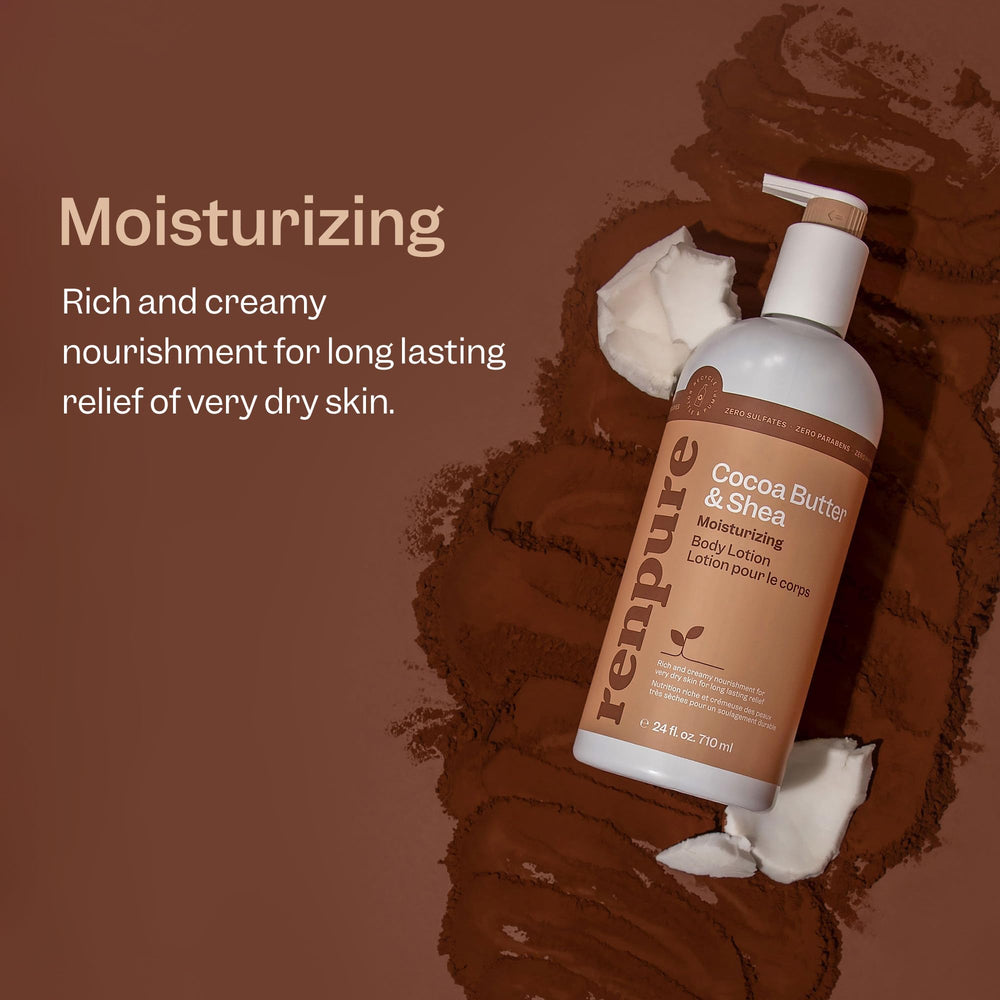 Renpure crema corporal cacao-shea, textura cremosa que nutre piel seca.