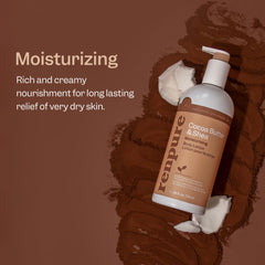 Renpure crema corporal cacao-shea, textura cremosa que nutre piel seca.