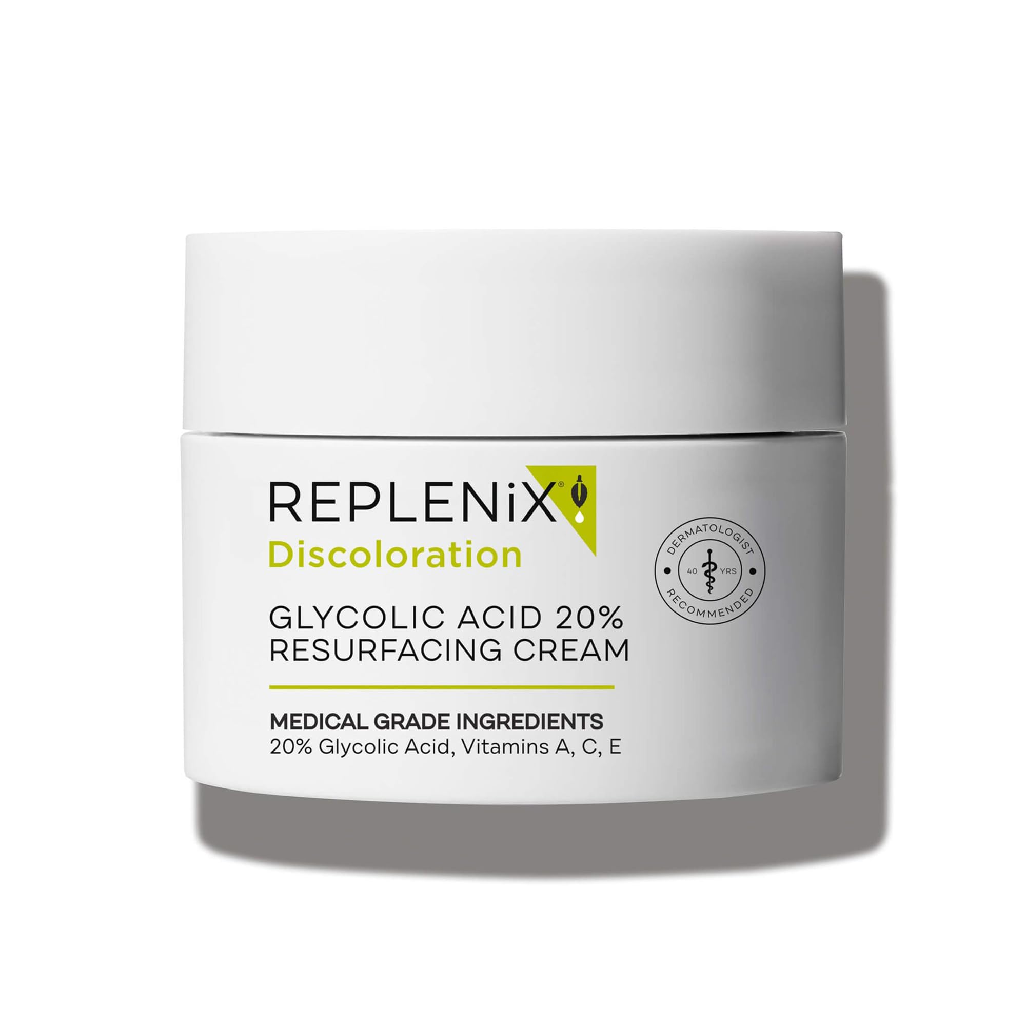 Replenix Glycolic 20% cream packaging shown, premium dermatologist-grade skincare.