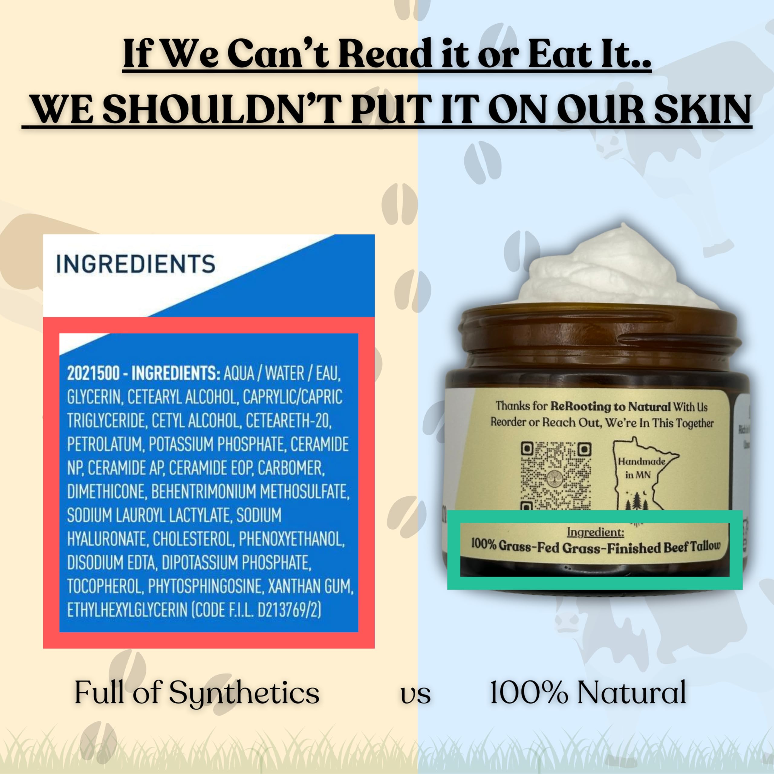 Reroot Organics Naked Tallow Balm ingredients close-up for skin nourishment.