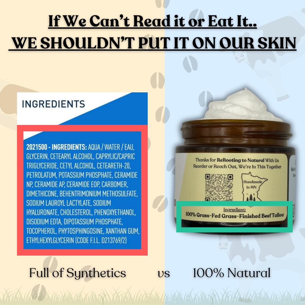 Reroot Organics Naked Tallow Balm ingredients close-up for skin nourishment.