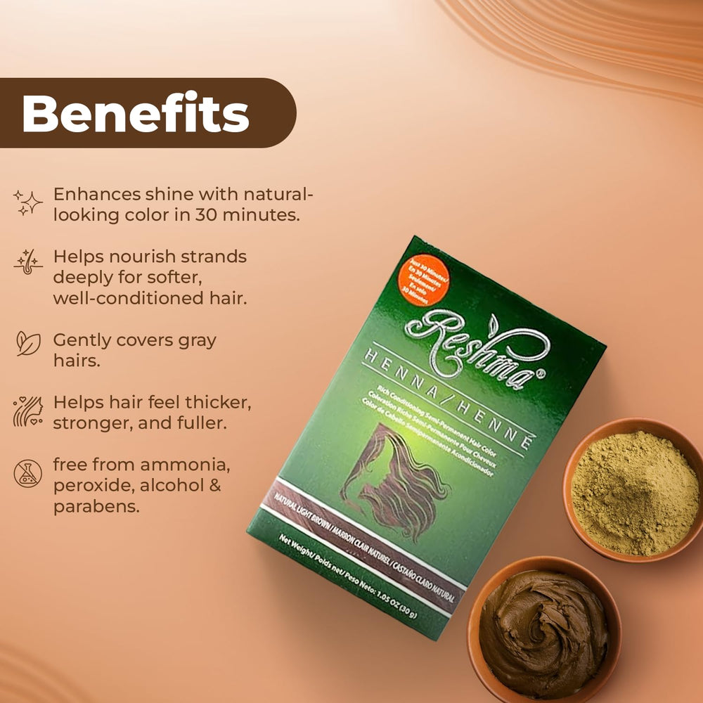 Reshma Beauty henna provides 100 gray coverage with natural looking color.
