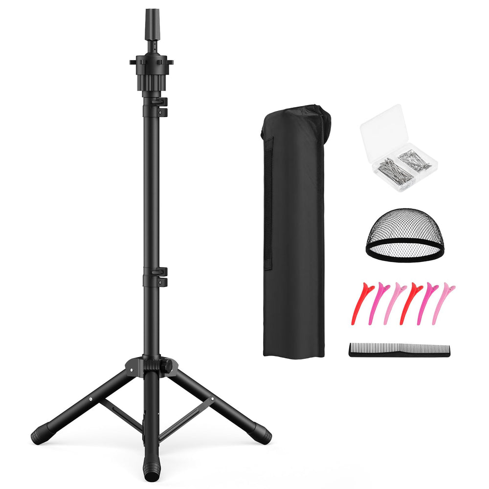 Retbtnm wig head stand 50 inches offers stable tripod support for styling.