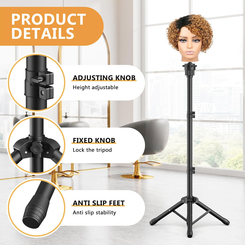 Retbtnm wig head stand foldable portable design for transport.