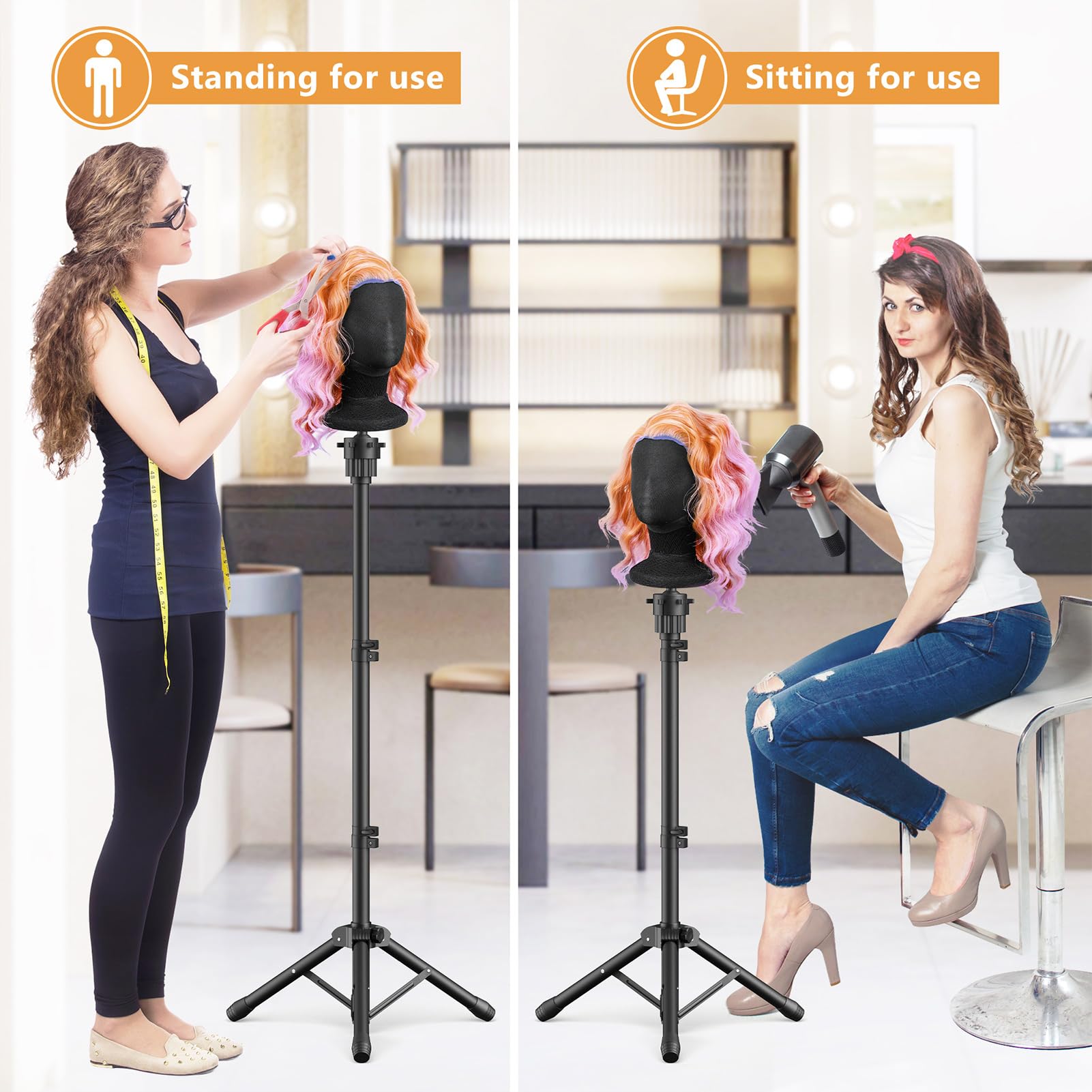 Retbtnm wig head stand includes wig cap, t-pins, and clips.