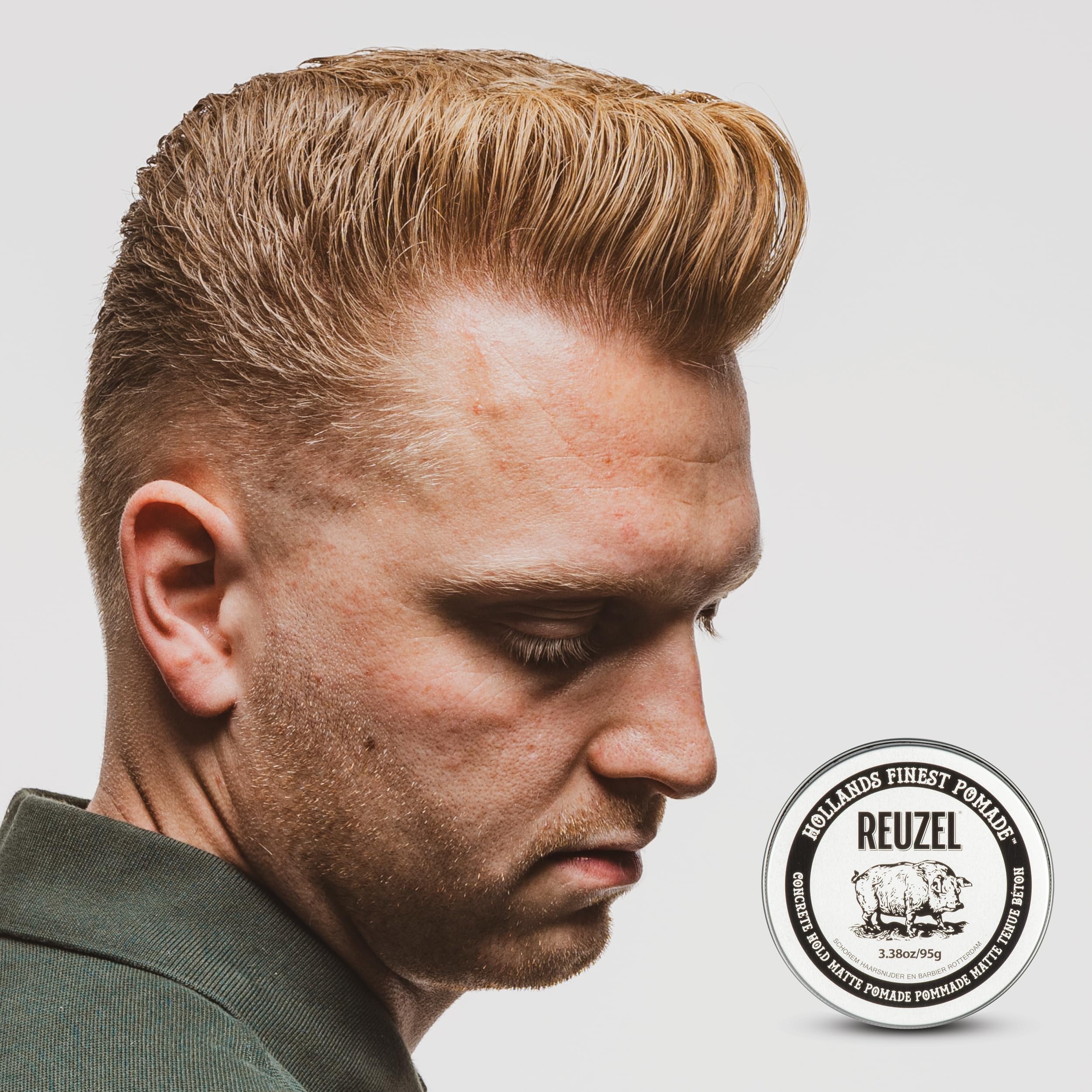 REUZEL Concrete Matte Pomade hair polish look with sharp, polished style.