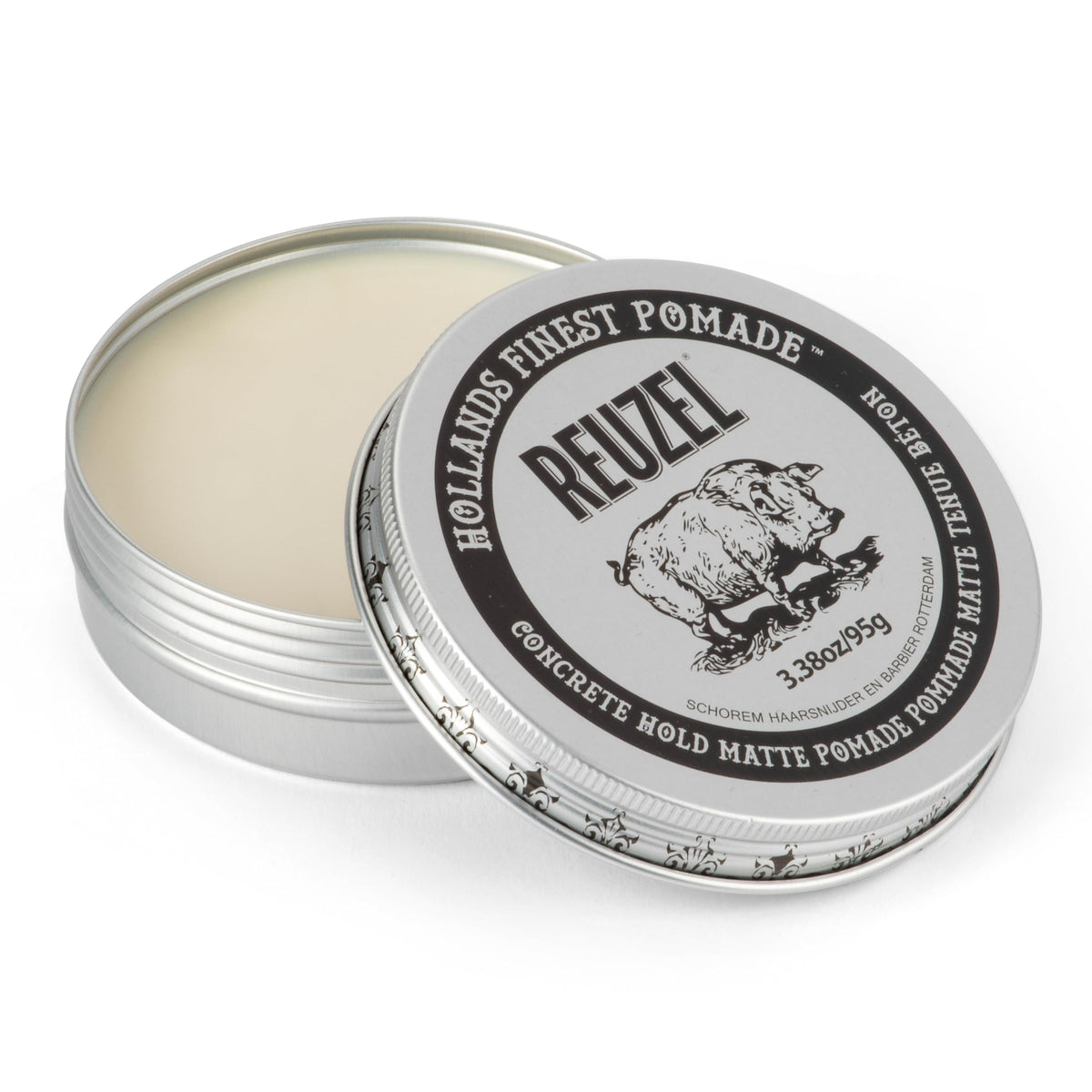 REUZEL Concrete Matte Pomade jar closeup showing matte finish and strong hold.
