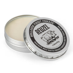 REUZEL Concrete Matte Pomade jar closeup showing matte finish and strong hold.