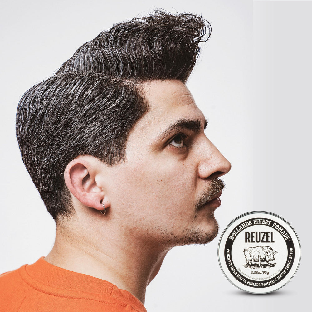 REUZEL Concrete Matte Pomade travel-friendly pack for on-the-go grooming.