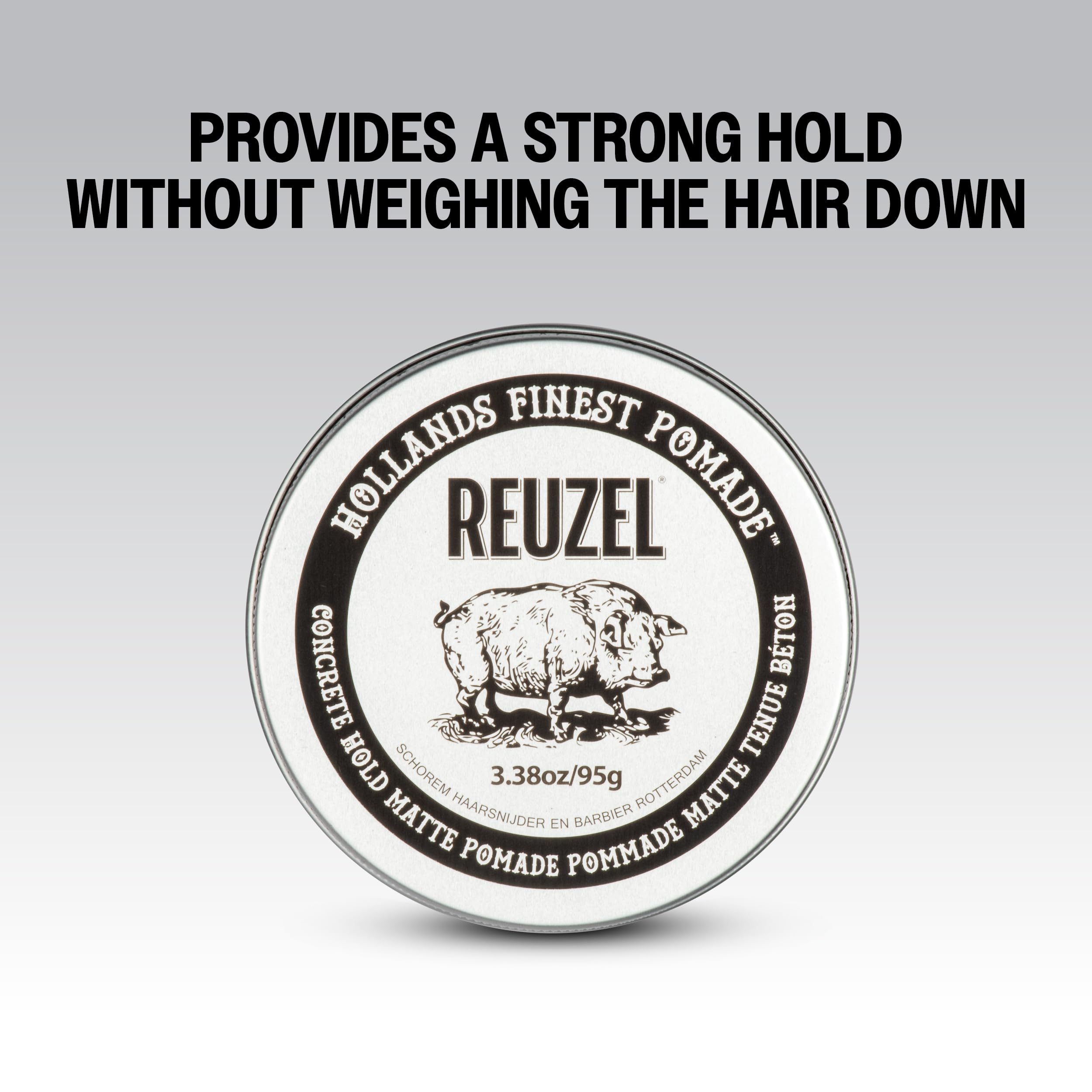REUZEL Concrete Matte Pomade water-soluble formula for easy rinsing.