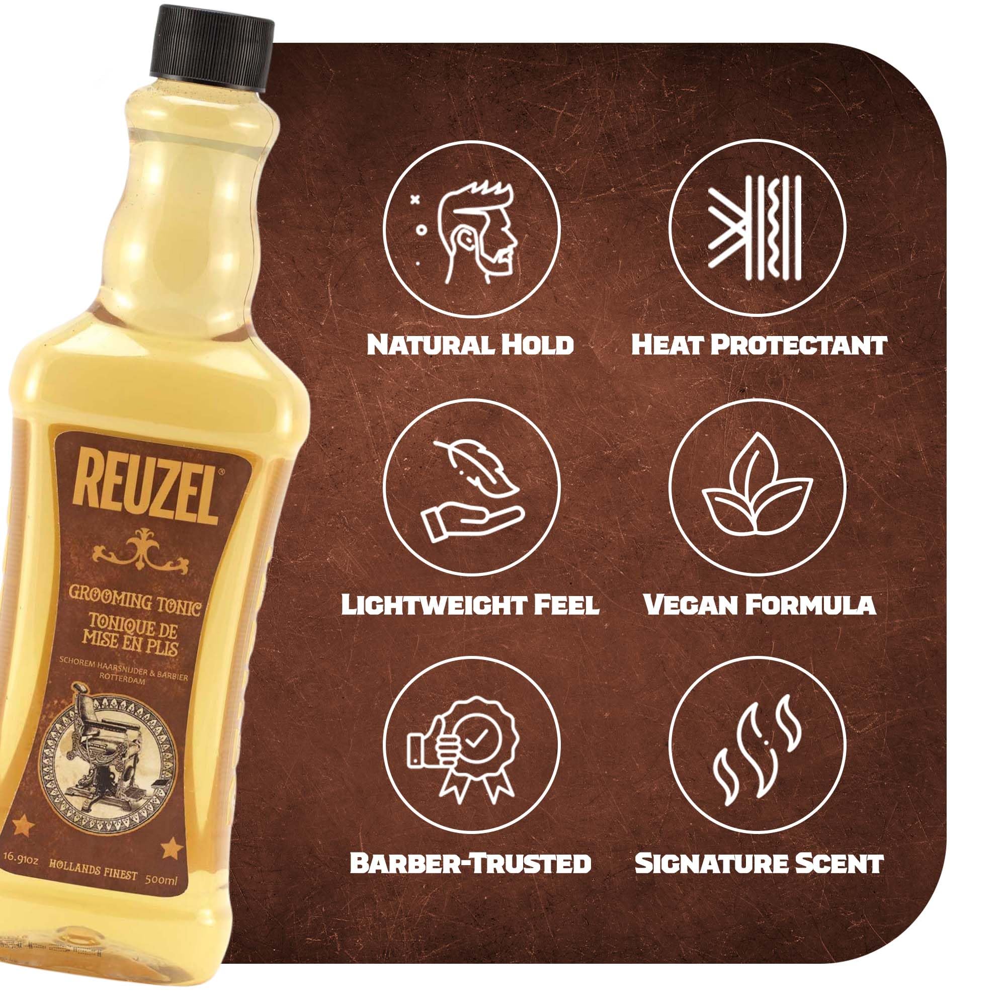 REUZEL Grooming Tonic used during blow-dry to shape and control frizz.